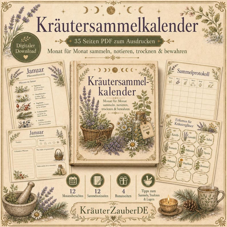 May include: A digital download PDF herb collection calendar featuring 35 pages with monthly overviews, collection logs, and labels. The cover displays the text Kr&auml;utersammelkalender with illustrations of lavender, chamomile, and a glass jar.