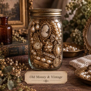 May include: A clear glass mason jar with a metallic lid filled with gold-toned jewellery, including a cameo brooch, a wristwatch, pearl strands, and ornate metal pieces. A rectangular paper label in front reads Old Money & Vintage.