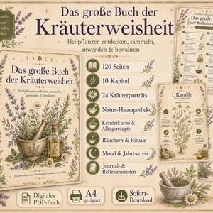 以下が含まれることがあります： Das große Buch der Kräuterweisheitというタイトルの本で、ラベンダー、カモミール、乳鉢と乳棒の植物画が描かれています。レイアウトには目次、章の詳細、120ページ、10章、24種類のハーブのポートレートを示すアイコンが含まれており、デジタルPDFとしてダウンロード可能です。