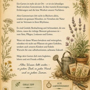 May include: A page with the title SCHLUSSWORT featuring German text about gardening, surrounded by botanical illustrations of flowers and herbs. A basket contains a metal watering can, seed packets, and garden shears at the bottom right.
