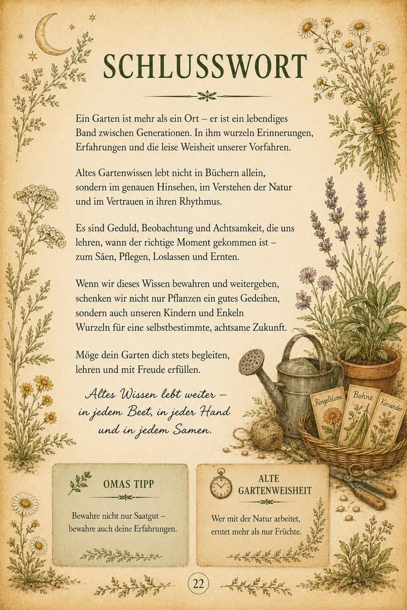 May include: A page with the title SCHLUSSWORT featuring German text about gardening, surrounded by botanical illustrations of flowers and herbs. A basket contains a metal watering can, seed packets, and garden shears at the bottom right.