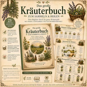 Op de afbeelding: Een boek getiteld "Das große Kräuterbuch" met illustraties van kruiden, bloemen en een landschap. Het boek wordt vergezeld van informatieve kaarten en een mand met kruiden, die kennis en natuurlijk leven bevorderen.