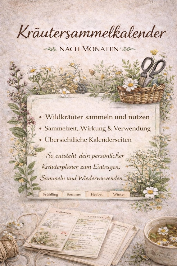 Kräutersammelkalender PDF/ Jahresplaner für Wildkräuter/ Sammelzeiten, Wirkung & Verwendung/ Printable Herbal Planner Deutsch