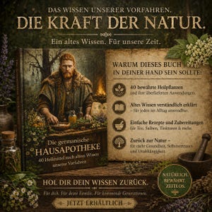 May include: A book cover with the title "Die germanische HAUSAPOTHEKE" and the text "40 Heilmittel nach altem Wissen unserer Vorfahren." The image features a man in historical clothing, surrounded by herbs and bottles. The background includes text about the book's benefits.