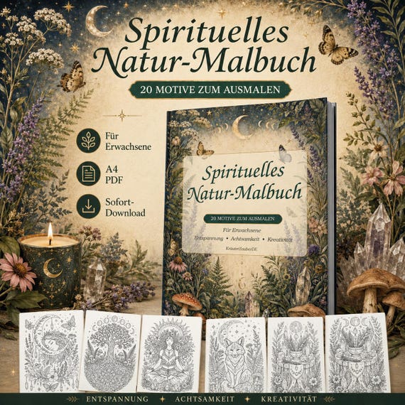 Spiritual Nature Coloring Book for Adults, Printable PDF, 20 Mystical Nature Coloring Pages, Moon, Crystals, Flowers, Digital Download