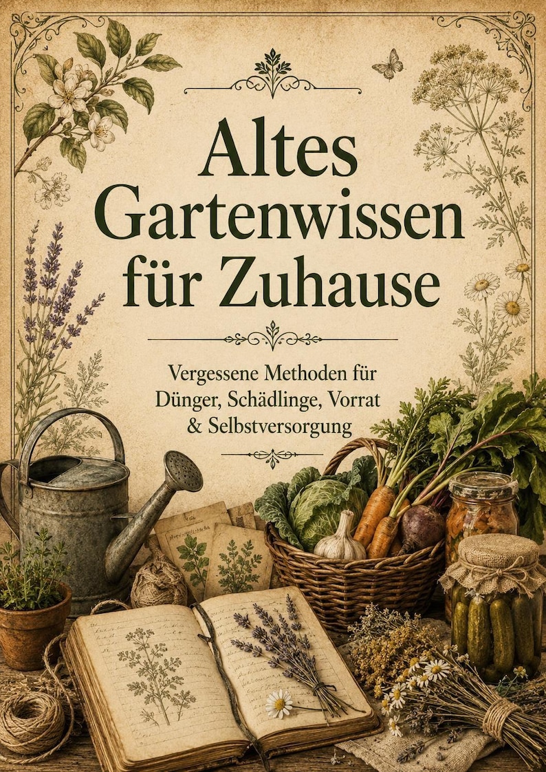 May include: A book cover titled Altes Gartenwissen f&uuml;r Zuhause with the subtitle Vergessene Methoden f&uuml;r D&uuml;nger, Sch&auml;dlinge, Vorrat & Selbstversorgung. The illustration features a metal watering can, a basket of vegetables, and a journal.