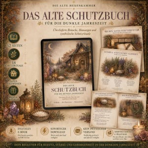 May include: A digital e-book titled Das Alte Schutzbuch featuring a dark cottage illustration, 32 pages, 18 rituals, and ancient knowledge. The cover displays a crescent moon, lanterns, and crystals. Includes icons for download and bonus material.