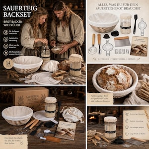 May include: A 14-piece sourdough baking set including a round proofing basket with a fabric liner, a glass starter jar with a cloth cover, a metal dough scraper, a black silicone spatula, a whisk, and a recipe book for bread making.