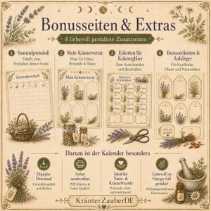 May include: A beige informational sheet titled Bonusseiten & Extras featuring four sections: Sammelprotokoll, Mein Kr&auml;utervorrat, Etiketten f&uuml;r Kr&auml;utergl&auml;ser, and Bonusetiketten & Anh&auml;nger. The page displays botanical illustrations of lavender and herbs.