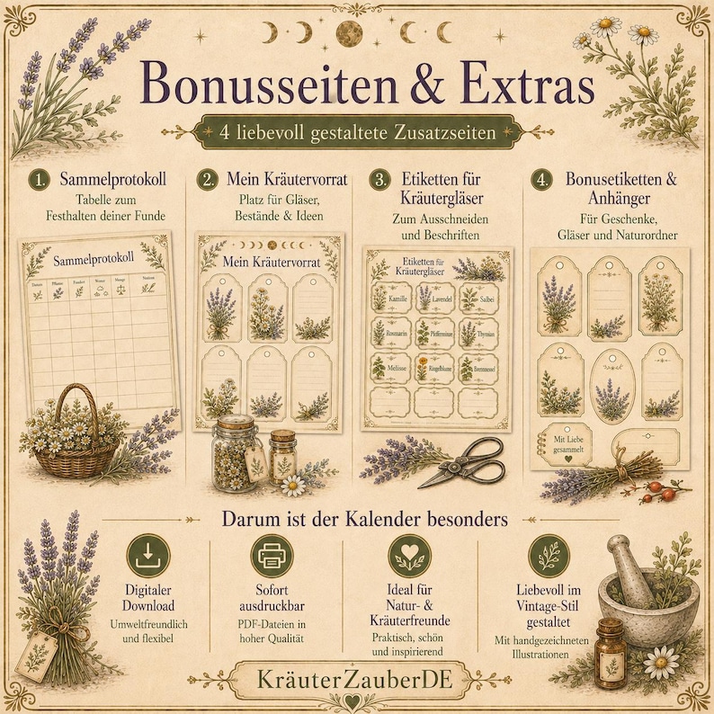 May include: A beige informational sheet titled Bonusseiten & Extras featuring four sections: Sammelprotokoll, Mein Kr&auml;utervorrat, Etiketten f&uuml;r Kr&auml;utergl&auml;ser, and Bonusetiketten & Anh&auml;nger. The page displays botanical illustrations of lavender and herbs.