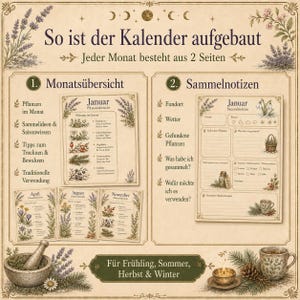 May include: A beige calendar layout featuring botanical illustrations and German text. It displays a monthly overview and collection notes with sections for plant names, weather, and usage. Includes a mortar and pestle, a candle, and a mug.