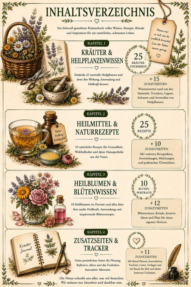 May include: An illustrated guide to herbs and natural remedies. The cover features a basket of flowers, scissors, and a mortar and pestle. The book's chapters cover herbal knowledge, recipes, and a tracker for personal notes.