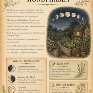 May include: A vintage-style informational poster titled PFLANZEN NACH MONDPHASEN featuring a night garden scene with a moon phase cycle, a wooden shed, a watering can, and text blocks explaining gardening by the moon, including tips and common errors.