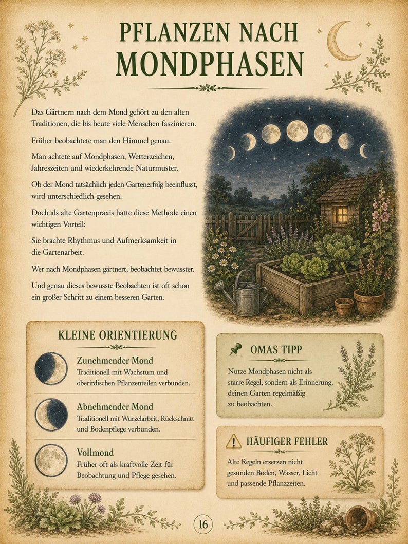 May include: A vintage-style informational poster titled PFLANZEN NACH MONDPHASEN featuring a night garden scene with a moon phase cycle, a wooden shed, a watering can, and text blocks explaining gardening by the moon, including tips and common errors.