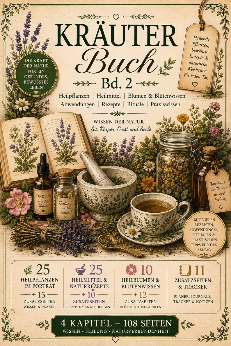 Könnte beinhalten: Ein Buchcover mit dem Titel "KRÄUTER Buch Bd. 2" mit Illustrationen von Kräutern, Blumen und Apothekenartikeln. Das Cover enthält Text über Naturheilmittel, Rezepte und Wellnesspraktiken. Eine Tasse Tee und ein offenes Buch sind ebenfalls abgebildet.
