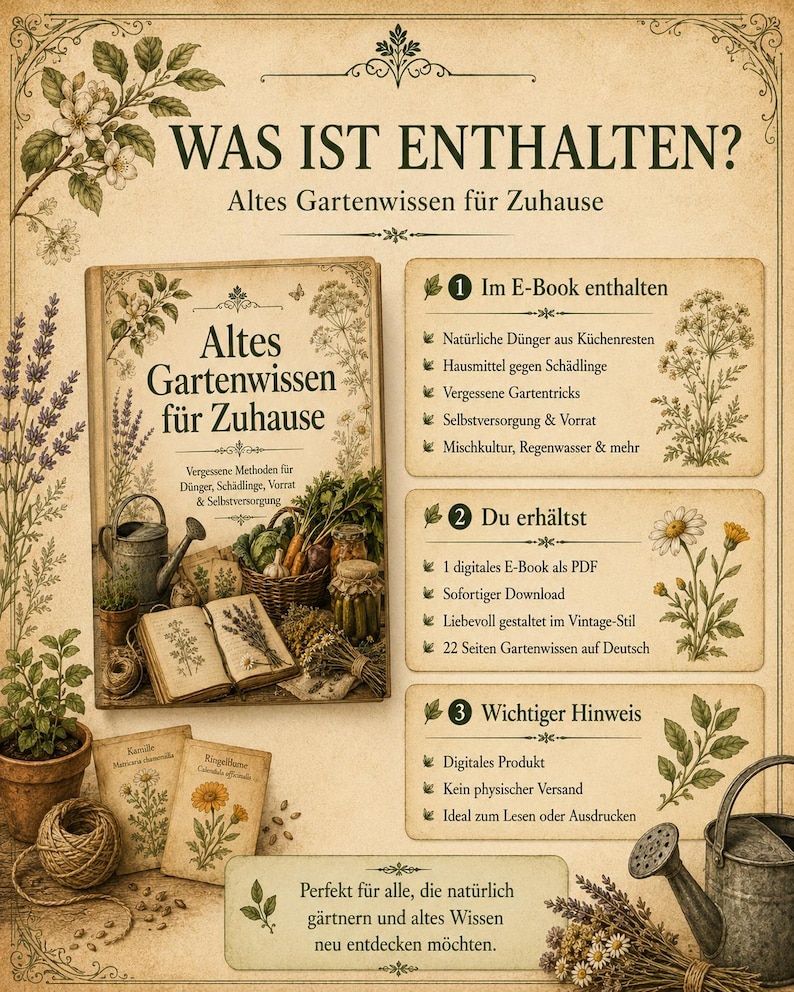 May include: A digital informational guide titled Altes Gartenwissen f&uuml;r Zuhause featuring vintage-style botanical illustrations, a book cover with gardening tools and produce, and three text boxes detailing e-book contents, format, and notes.