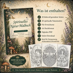 Op de afbeelding: Een kleurboek getiteld Spirituelles Natur-Malbuch met natuurillustraties van paddenstoelen, vlinders en kristallen. De omslag toont 20 motieven voor volwassenen. Drie voorbeeldpagina's tonen zwart-witte lijntekeningen van een persoon, een boom en een figuur in een meditatieve houding.