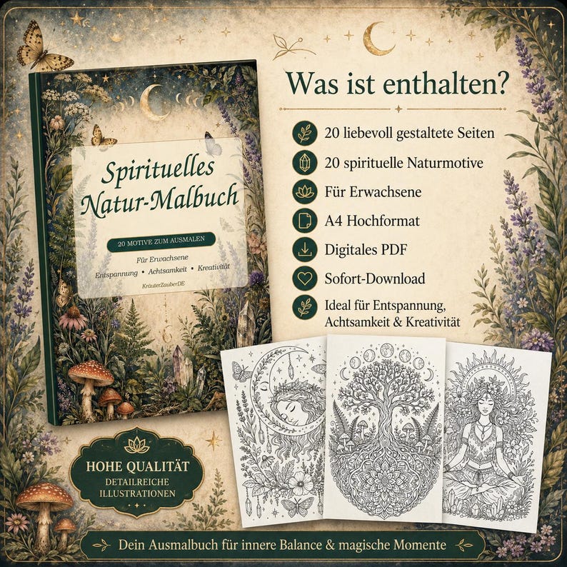 Op de afbeelding: Een kleurboek getiteld Spirituelles Natur-Malbuch met natuurillustraties van paddenstoelen, vlinders en kristallen. De omslag toont 20 motieven voor volwassenen. Drie voorbeeldpagina's tonen zwart-witte lijntekeningen van een persoon, een boom en een figuur in een meditatieve houding.