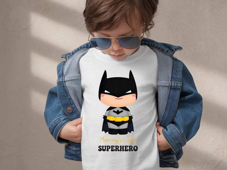 May include: White t-shirt with a cartoon Batman design, including a black cowl, cape, and yellow belt. The text "Mommy's Little SUPERHERO" is printed below. The shirt is worn with a denim jacket.