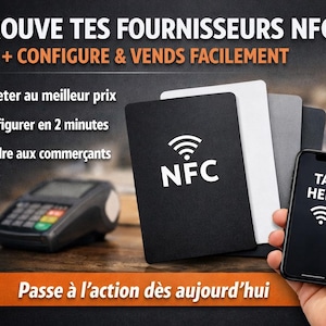 May include: Image promoting NFC technology. It features a black smartphone with "TAP HERE" on the screen, NFC cards, and a payment terminal. Text includes "FIND YOUR NFC SUPPLIERS" and "CONFIGURE & SELL EASILY."