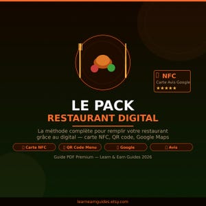 May include: Digital restaurant marketing pack with the text "LE PACK RESTAURANT DIGITAL" on a dark background. Includes NFC, QR code, and Google Maps integration. The image also features the text "Carte Avis Google" and a website address.