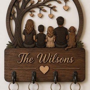 Puede incluir: Un llavero de pared de madera oscura con un árbol cortado a láser y adornos de corazón colgantes sobre una familia de cuatro y un perro. La base rectangular muestra el texto The Wilsons con un corazón central y cuatro ganchos metálicos.
