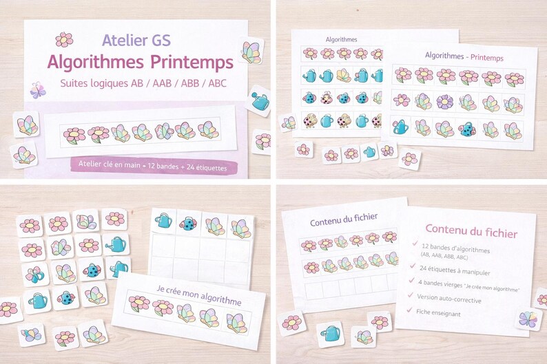 Atelier GS Alogrithmes Printemps - Suites logiques ab aab abb abc - Manipulaiton maternelle - Fiches + Etiquettes image 1