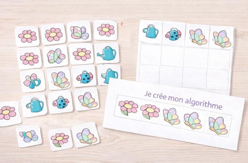 Atelier GS Alogrithmes Printemps - Suites logiques ab aab abb abc - Manipulaiton maternelle - Fiches + Etiquettes image 4
