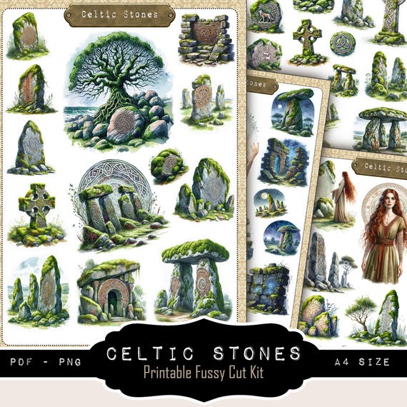 Celtic Stones — Stickers & Fussy Cut printables | 54 motifs | PDF + PNG| 4 Feuilles A4