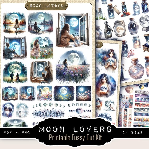 Moon Lovers — Stickers & Fussy Cut printables | 133 motifs | PDF + PNG| 4 Feuilles A4