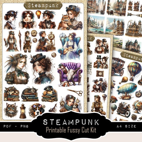 Victorian Steampunk — Stickers & Fussy Cut printables | 84 motifs | PDF + PNG| 4 Feuilles A4