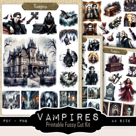 Vampire — Stickers & Fussy Cut printables | 61 motifs | PDF + PNG| 4 Feuilles A4
