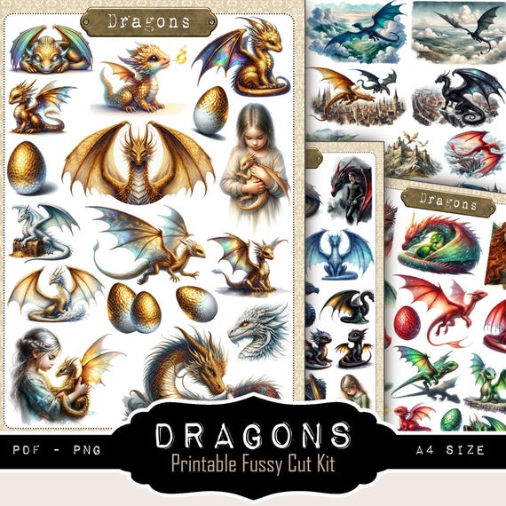 Dragons — Stickers & Fussy Cut printables | 69 motifs | PDF + PNG| 4 Feuilles A4