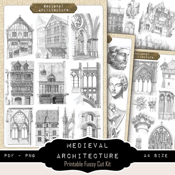 Medieval architecture — Stickers & Fussy Cut printables | 45 motifs | PDF + PNG| 4 Feuilles A4