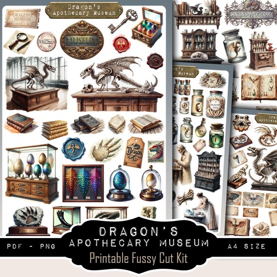 Dragon's Apothecary Museum — Stickers & Fussy Cut printables | 94 motifs | PDF + PNG| 4 Feuilles A4