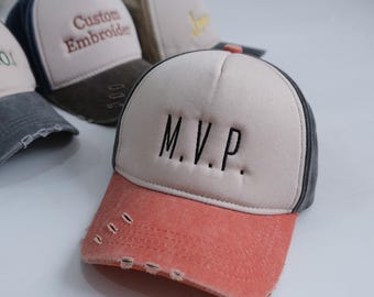 パーソナライズされたテキスト入りダッドハット、カスタム刺繍入りダメージ加工ベースボールキャップ、ヴィンテージ風ユニセックス、意味のある心のこもったギフト