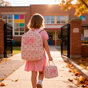 Puede incluir: Una mochila rosa y una bolsa de almuerzo a juego, ambas adornadas con un estampado de fresas y el nombre "Lucy". La mochila tiene correas ajustables y un bolsillo frontal. La bolsa de almuerzo tiene una asa superior. Artículos para la escuela.
