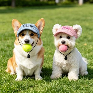 Puede incluir: Dos viseras de pana para mascotas con correas ajustables para la barbilla. La visera azul claro tiene bordado el nombre Charlie y la rosa el nombre Buddy. Cada visera la lleva un perro que sostiene una pelota de tenis en la boca.