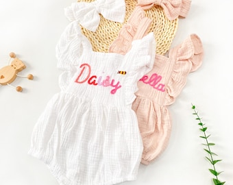 Custom Name Baby Romper, Personalized Ruffle Muslin Romper, Embroidered Summer Outfit for Baby Girls, Newborn Baby Shower Gift