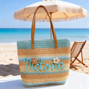 May include: A woven straw tote bag featuring horizontal stripes in shades of light blue, yellow, and white. The bag has two tan shoulder straps and is decorated with the name Victoria in light blue script, accented by two small beige flowers.