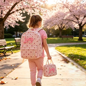 Puede incluir: Una mochila rosa y una bolsa de almuerzo a juego, ambas adornadas con un estampado de fresas y el nombre "Lucy" en cursiva. La mochila tiene correas ajustables y un bolsillo frontal. La bolsa de almuerzo tiene un asa superior. Un niño lleva los artículos.