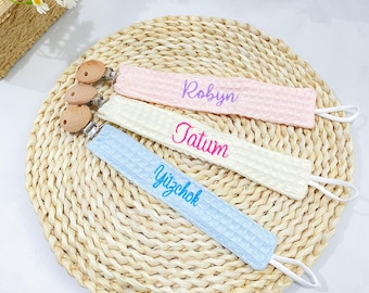 Personalized Soft Pacifier Holder, Custom Name Embroidered Paci Clip, Sweet Baby Gift for Boy & Girl