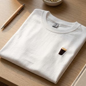 以下が含まれることがあります： 折りたたまれた白いTシャツ。小さな刺繍デザインは、濃い茶色のビールグラスです。シャツは柔らかい素材でできており、木製の表面に表示されています。ペン、ペーパークリップ、ノートも表示されています。