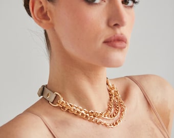 Gargantilla de cuero con cadena, collar beige, collar dorado de varias capas para mujer, joyería gótica llamativa
