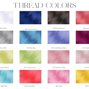 May include: A color chart of thread samples, showcasing a variety of hues. The image displays a grid of rectangular thread swatches, including white, blue, brown, red, silver, green, pink, and yellow. The text "THREAD COLORS" is at the top.
