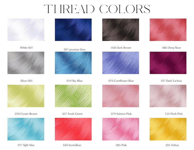 May include: A color chart of thread samples, showcasing a variety of hues. The image displays a grid of rectangular thread swatches, including white, blue, brown, red, silver, green, pink, and yellow. The text "THREAD COLORS" is at the top.