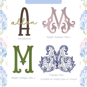 May include: Image showcasing various font styles for embroidery or design projects. The image features the word "FONTS" at the top, with examples including "Farmhouse," "Single Antique Chic 1," "Single Antique Chic 2," and "Vintage Vine." Each font is displayed with a letter or word.