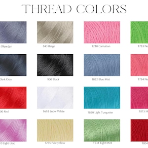 May include: A color chart displaying various thread colors with their corresponding numbers. The colors include pewter, beige, carnation, neon lime, dark gray, black, blue mist, neon pink, red, snow white, light turquoise, hot pink, light lilac, pale yellow, light mint, and red.