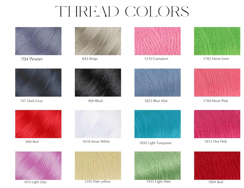 May include: A color chart displaying various thread colors with their corresponding numbers. The colors include pewter, beige, carnation, neon lime, dark gray, black, blue mist, neon pink, red, snow white, light turquoise, hot pink, light lilac, pale yellow, light mint, and red.