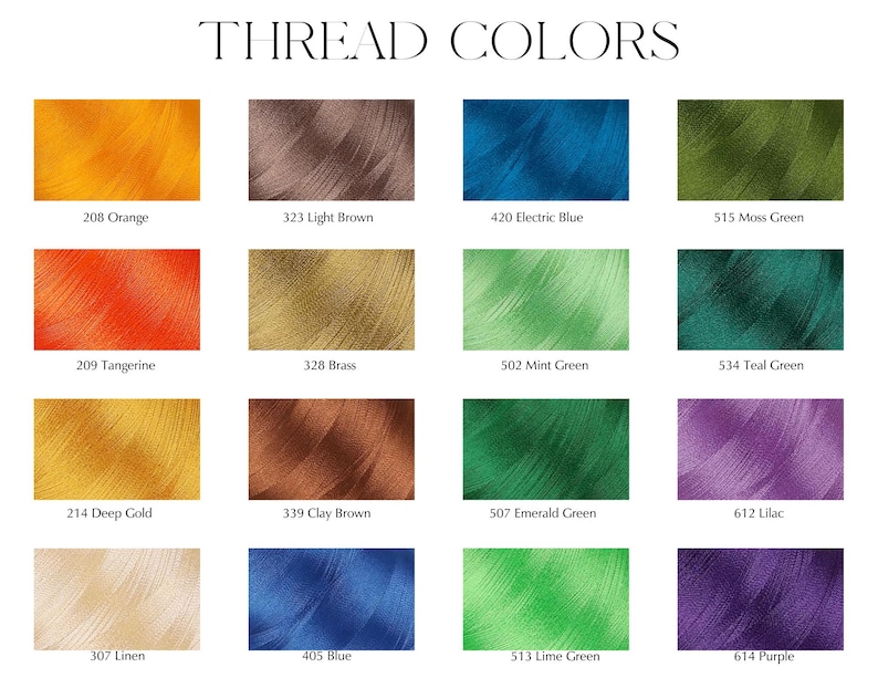 May include: A color chart displaying various thread colors. The chart includes swatches of orange, brown, blue, green, gold, and purple threads, each labeled with a number and color name. The text "THREAD COLORS" is at the top.
